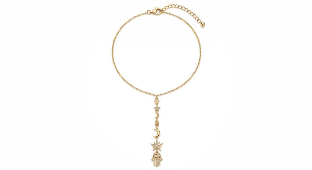 Edelstahl Y-Kette mit Hand der Fatima, Mond & Sternen – Gold