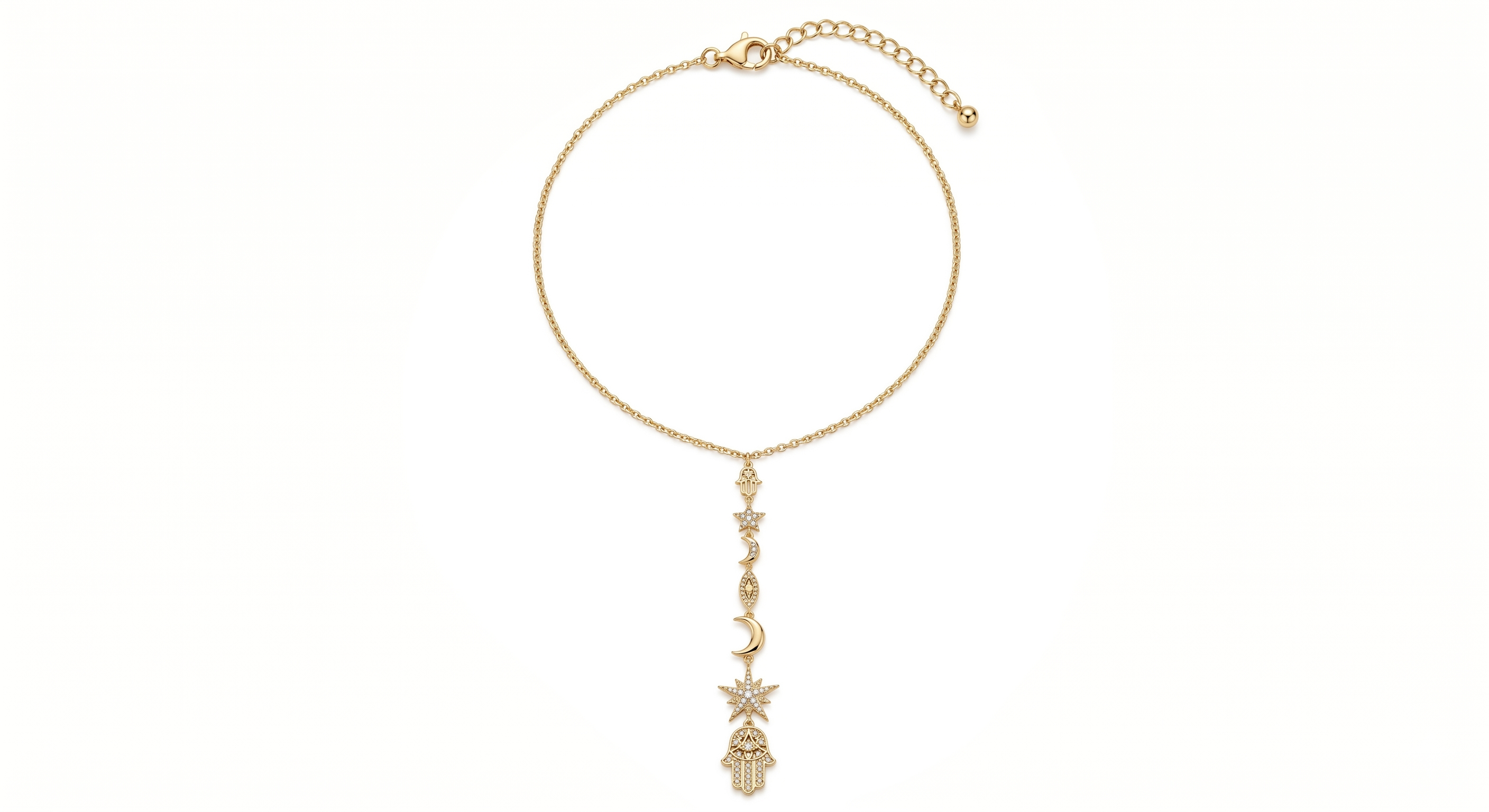 Edelstahl Y-Kette mit Hand der Fatima, Mond & Sternen – Gold