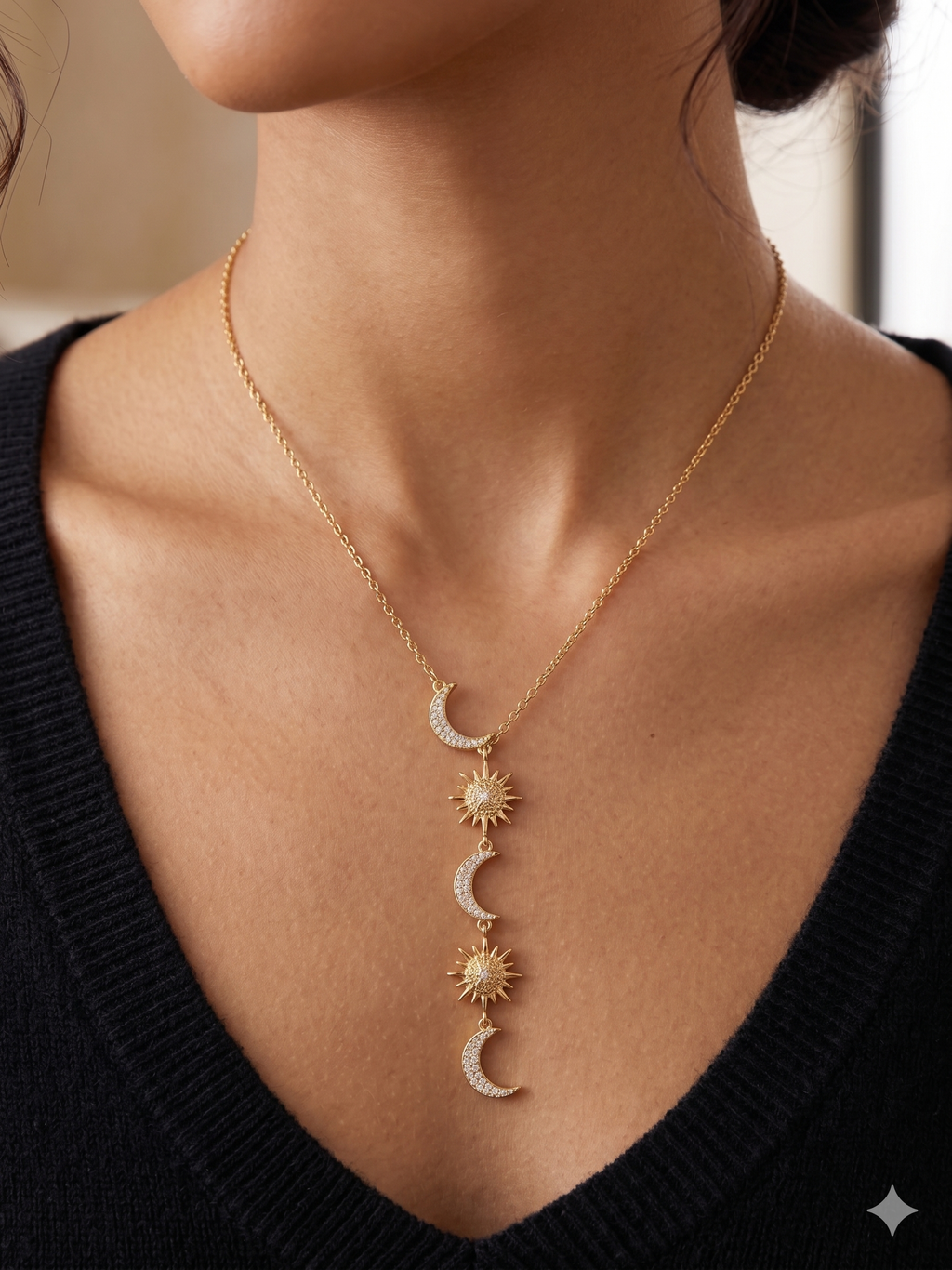 Edelstahl Y-Kette mit Sonne & Mond Anhängern – Gold / Silber