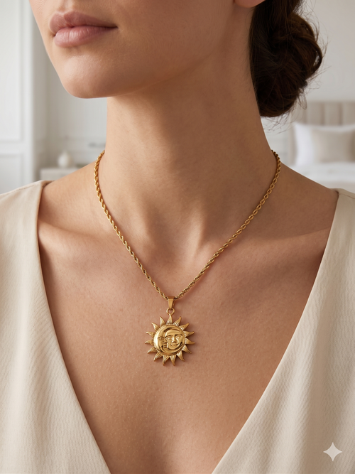 Edelstahl Kordelkette mit Sonne & Mond Anhänger – Goldfarben